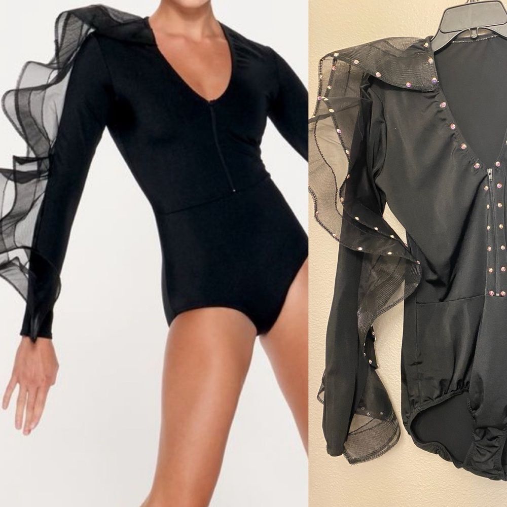 Kelle dance solo costume black long one sleeve ruffle leotard LA-Large adult